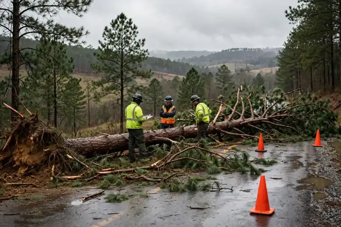 Tree crew assessing a storm-damaged tree in Arkansas