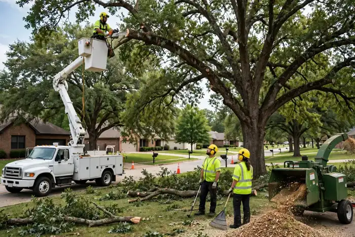 Tree crew trimming oaks in a Conway-area suburban yard with a bucket truck