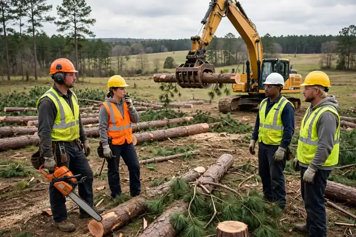 Tree crew clearing pine timber on a large rural acreage in Grant County