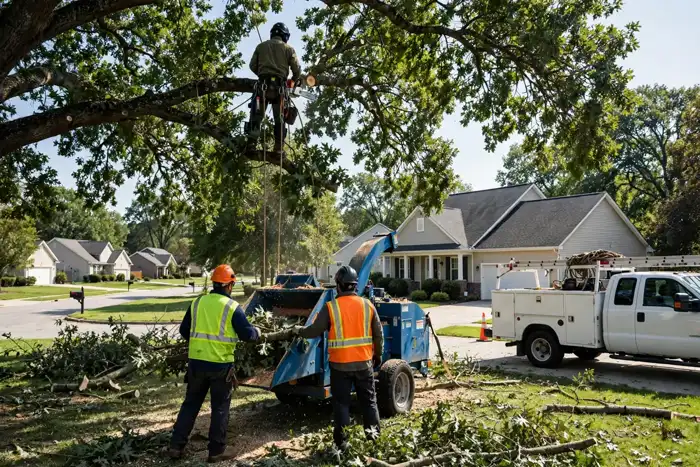 Tree crew removing a large oak tree with a chipper