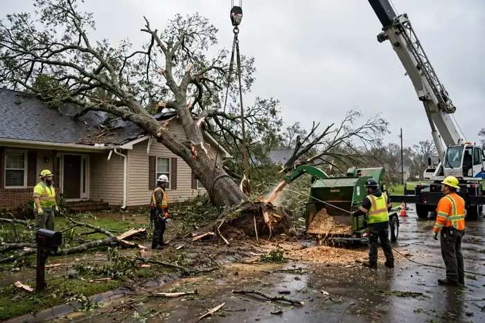 Tree crew removing a storm-damaged tree near a Malvern-area home after a storm