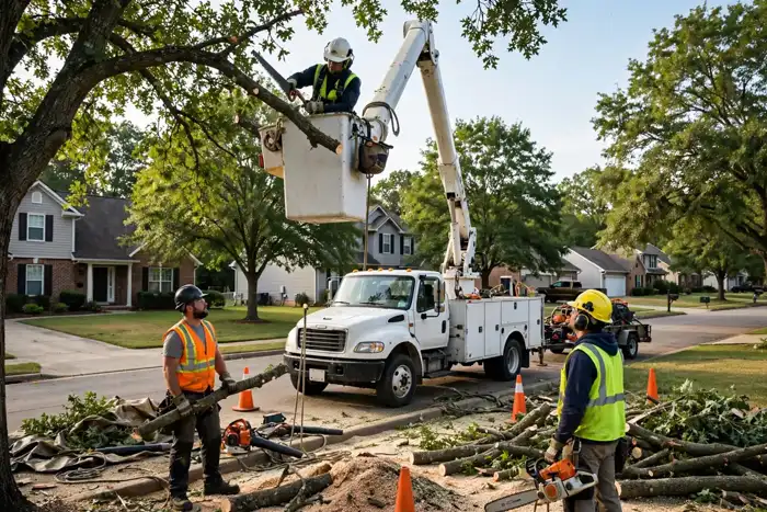 Tree crew pruning trees in a Cabot-area suburban neighborhood
