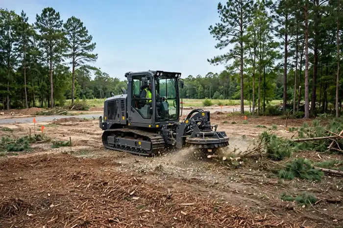 Forestry mulcher clearing brush and small trees on an open lot — photo is illustrative of tree work, not a photo of a specific assigned contractor