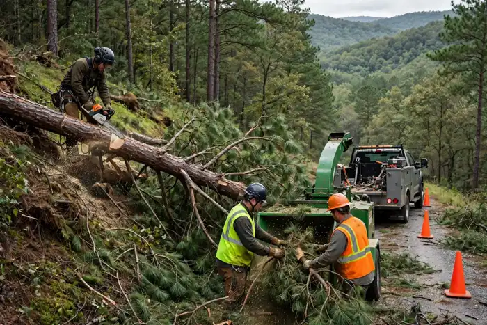 Tree crew clearing a fallen tree from a wooded hillside road in Perry County, Arkansas