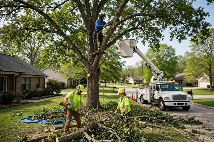 Tree crew trimming trees in a suburban yard in Saline County, Arkansas