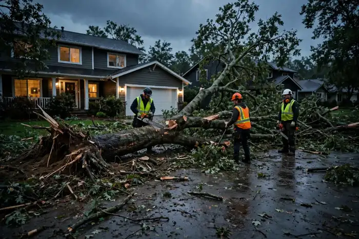 Crew clearing a large storm-felled tree across a driveway at dusk — photo is illustrative of tree work, not a photo of a specific assigned contractor
