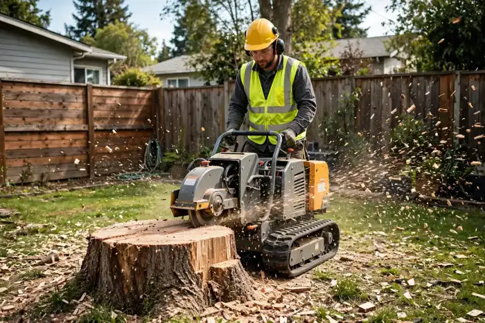 Operator grinding a large backyard stump with a tracked stump grinder — photo is illustrative of tree work, not a photo of a specific assigned contractor